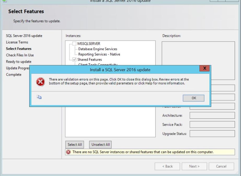 there are no SQL Server instances or shared features that can be updated on this computer